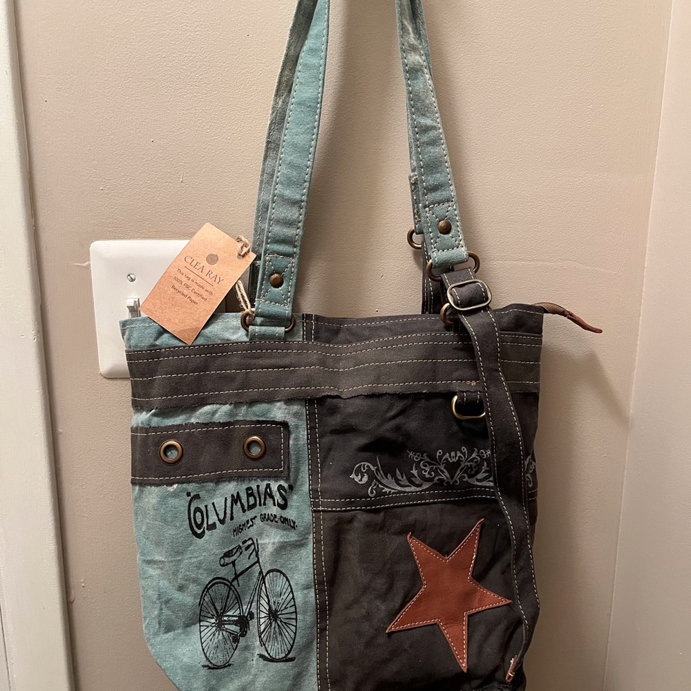 Grey And Aqua Columbias Canvas Tote.